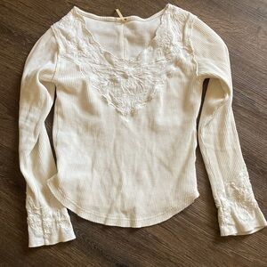 Free People Cream Embroidered Long Sleeve Top